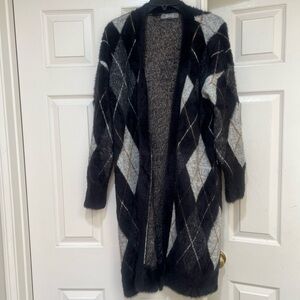 Marled Women Medium Black Argyle Soft Knit Long Sleeve‎ Open Front Long Cardigan